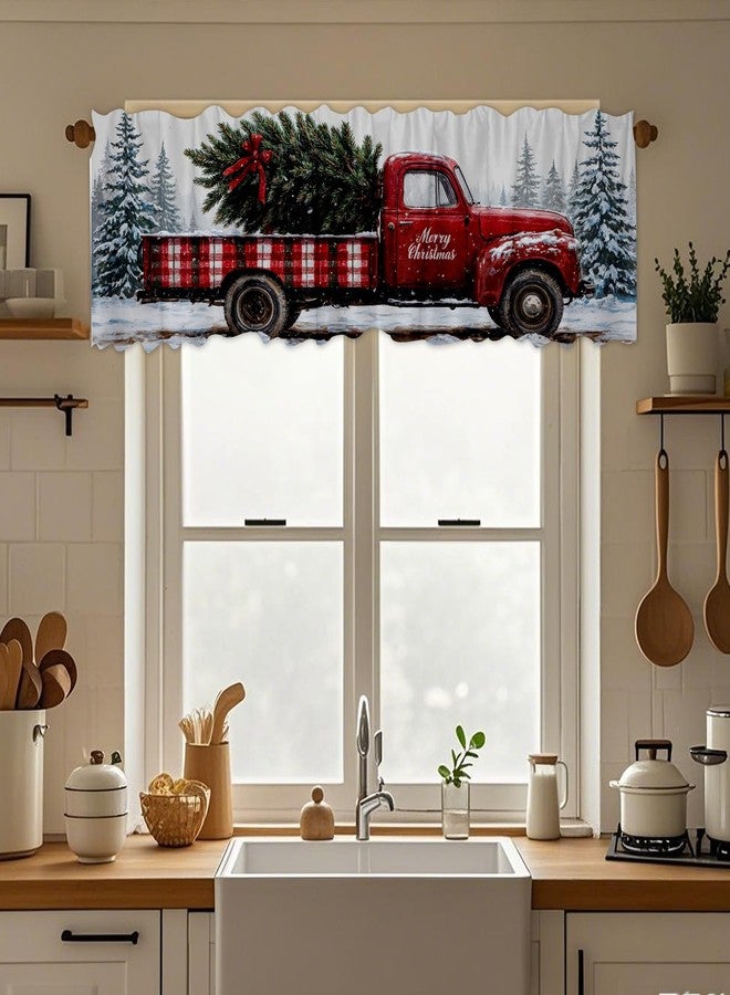 DOTOOMA 54x18 Inches 2 Panel Pine Tree Snowy Window Treatment Valance Christmas Red Truck Kitchen Blackout Drapes Bathroom Bedroom Living Room Polyester Fabric Curtains - Image 4